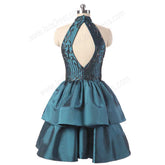 Teal Halter Short Cocktail Dress with Tiered Skirt EN1012